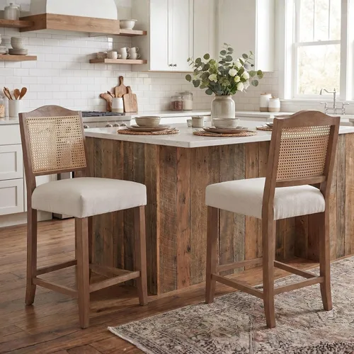 Vista 10 de EALSON Taburetes de Bar Estilo Granja Juego de 2 Taburetes de Mostrador de Altura de Cocina con Respaldo Sillas de Bar de Madera Modernas de 26 in