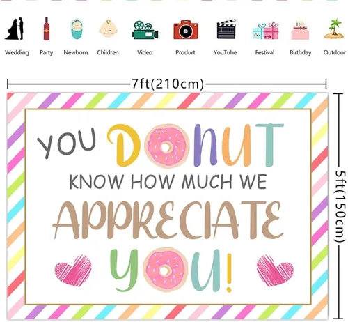 Vista 5 de Lofaris Fondo de agradecimiento de 7 x 5 pies con texto en inglés "Thank You Donut You Know How Much We Appreciate You