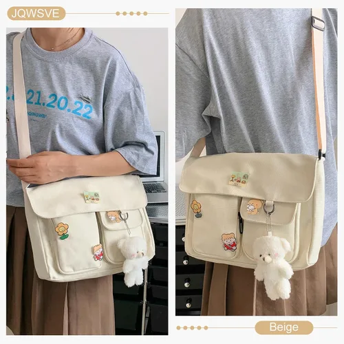 Vista 6 de Bolso cruzado de lona con alfileres Kawaii y colgante para mujeres y niñas, bolso de mensajero casual para estudiantes, mochila escolar
