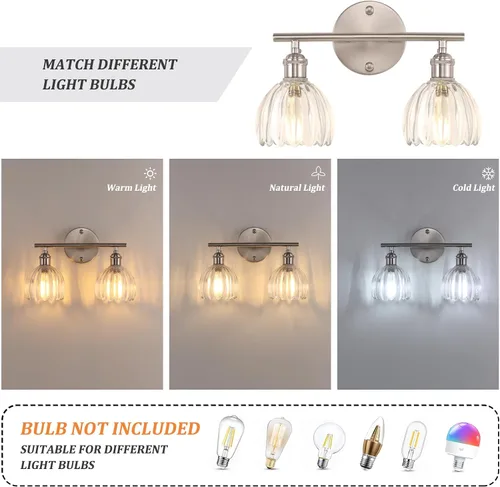 Vista 62 de Shenmoyl Lámparas de baño, lámpara de pared de 2 luces para tocador sobre espejo con pantalla de vidrio tulipán blanco para dormitorio, sala