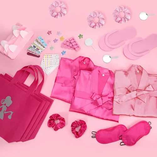 Vista 7 de 122 piezas Kit de fiesta de spa rosa y rosa intenso para niñas, paquete de 10 recuerdos de fiesta de pijamas con batas de satén, bolsas de mano