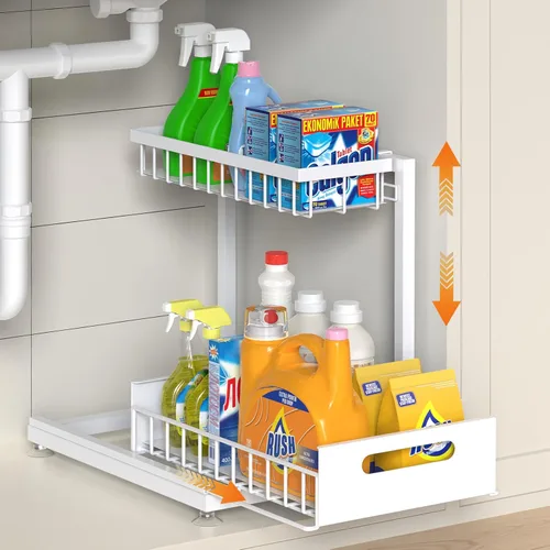 Vista 13 de Saydear Organizador de almacenamiento para debajo del fregadero, organizador de armario de cocina extraíble de 2 niveles con cajón deslizante, Negro
