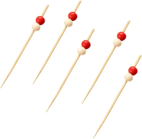 Vista 14 de Restaurantware Pinchos de comida de 2.8 pulgadas, 100 palitos de canapé con cuentas, resistentes, desechables, color rojo y crema, púas de madera