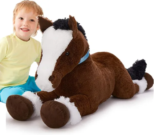 Vista 14 de Tezituor Animales de peluche gigantes de caballo negro de 47 pulgadas, poni de peluche grande realista de 4 pies para niños y niñas, almohada