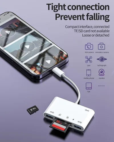 Vista 4 de Adaptador de cargador de lector de tarjetas micro SD Lightning a USB 6 en 1 para iPhone 13 14 Pro Max para iPad Dongle para Apple MFI certificado