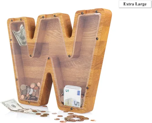 Vista 8 de Alcancía de madera personalizada con letra para niños, niñas y adultos, bancos de monedas de madera de roble duradero, 3 tamaños para elegir