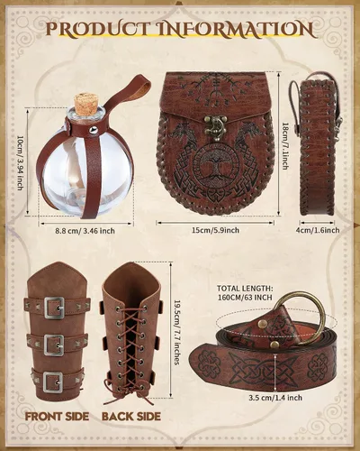 Vista 2 de Ramede 5 piezas de accesorios renacentistas de Halloween, cinturón vikingo medieval en relieve, bolsa de cinturón con hebilla, brazos, botella