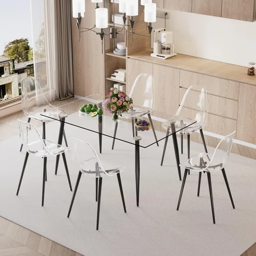 Vista 8 de Baysitone Mesa de comedor de cristal para 4 personas con tapa de vidrio rectangular transparente de 51 pulgadas, muebles de cocina de vidrio Negro