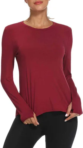 Vista 2 de Mippo Camisas de entrenamiento de manga larga para mujer, camisetas de yoga con espalda abierta, para correr, ropa atlética Rojo vino