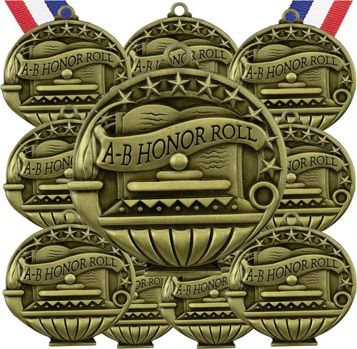 Vista 11 de Express Medals Pack of 10 (or More) Engraved Scholastic Honor Roll Award Medals with RWB Neck Ribbons