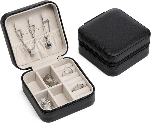 Vista 2 de Organizador de joyas Vlando para almacenaje y exhibición, joyero para viaje, imitación de piel, para anillos, aretes, collares., Negro, S