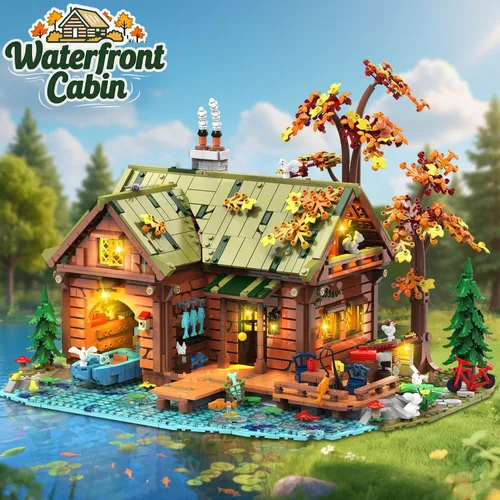 Vista 5 de INSOON Set de Construcción Mini de Cabaña sobre el Agua con Luz, 2423 PIEZAS, Juego de Bloques de Madera de Casa en el Bosque con Barco, Bicicleta