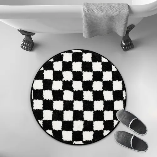 Vista 6 de Alfombras redondas a cuadros para baño, lavables a máquina, negras y blancas de 2 pies, alfombrilla de baño antideslizante y absorbente, alfombra