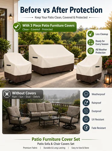 Vista 5 de Juego de fundas para muebles de patio de 3 piezas, 2 fundas para sillas de patio de 33 pulgadas y 1 funda de sofá de 3 plazas de 79 pulgadas