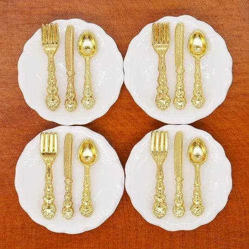 Vista 11 de Odoria 1/12 Platos en miniatura y cubiertos Cuchillo Tenedor Cuchara Juego de accesorios para casa de muñecas, plata plateado