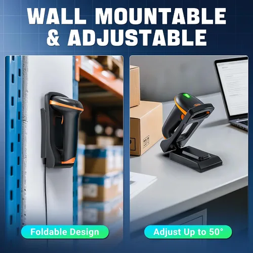 Vista 2 de Tera Escáner de código de barras QR 1D 2D con soporte plegable ajustable y base de carga, montaje en pared 2.4G inalámbrico y USB 2.0 lector