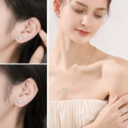 Vista 2 de DAYBYDAY Aretes de plata de ley 925 de moissanita para mujeres y niñas, delicados y lindos corazones, redondos, cojines, ovalados, color D, VVS1