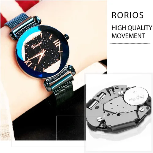 Vista 4 de RORIOS Reloj de pulsera analógico de cuarzo con esfera de cielo estrellado para mujer