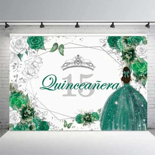 Vista 8 de MEHOFOND Telón de fondo de quinceañera con 15 letras para fiesta de niñas de 15 años con texto en inglés «Sweet 15 Quince años», fondo floral azul