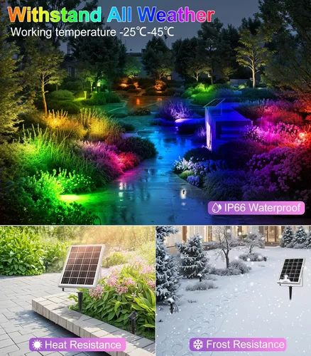 Vista 5 de MEIKEE 6 en 1 luces de paisaje RGB solares con control remoto, focos solares RGB LED que cambian de color, luces de punto RGB impermeables al aire
