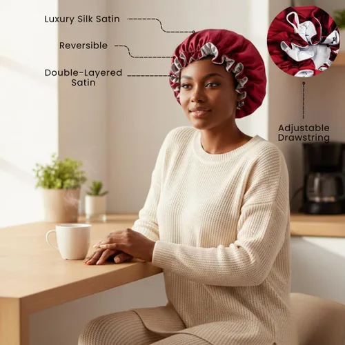 Vista 3 de Gorro de pelo para dormir, gorro de noche con clip ajustable, gorro reversible para el cabello para mujer, gorro de satén de seda