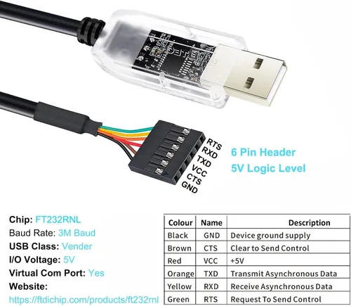 Vista 5 de DTECH Adaptador USB a TTL chip FTDI 5V 6 pines USB a UART Cable de depuración FT232RNL IC Convertidor serie 6ft Indicadores LED Salida 5 voltios