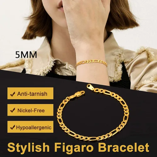 Vista 5 de U7 Figaro Bracelet, Stainless Steel Figaro Chain Bracelet, Rope Chain Bracelet Stainless Steel 18K Gold Plated Wrist Chain for Men Women
