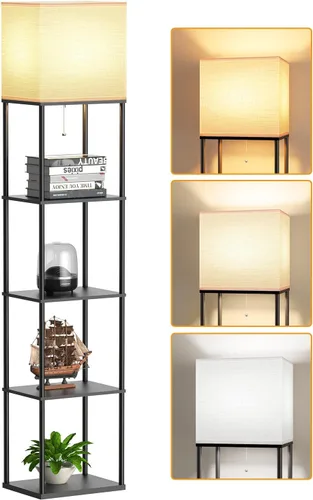 Vista 17 de Lámpara de pie con estantes para sala de estar color marrón nogal, lámpara de pie con estante con bombilla LED de 3 CCT, lámpara de columna de pie