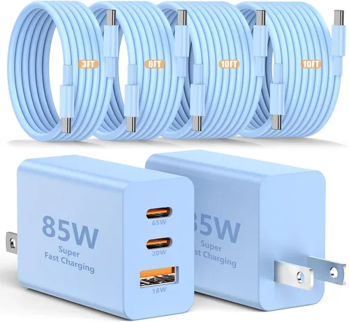 Vista 25 de Susnwere - Cargador de pared USB C de 85 W para Samsung S26 Ultra, 3 puertos de 100 W PD rápida 3.0 tipo C carga con cable USB C de 3/6/10/10 pies