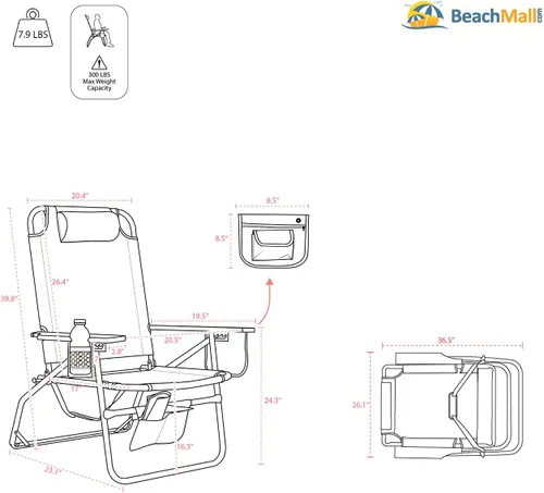 Vista 2 de Silla de playa grande y resistente para adultos grandes y altos, capacidad de 300 libras, tubo de aluminio, 4 posiciones reclinables