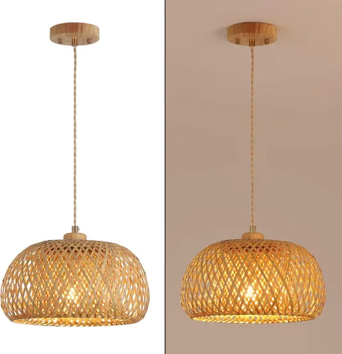 Vista 7 de Lámpara colgante de bambú con una sola luz, cesta bohemia ajustable, hecha a mano, tejida a mano, iluminación colgante para cocina, isla, fregadero