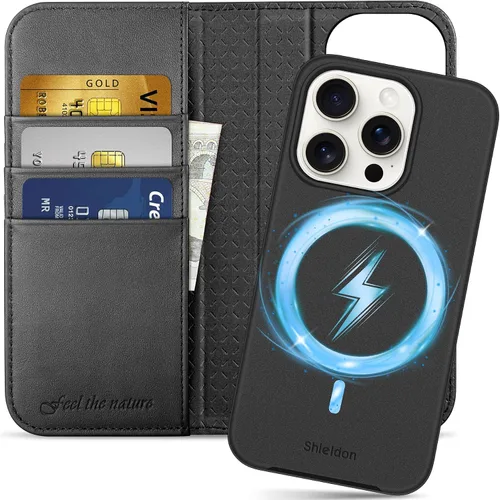 Vista 11 de SHIELDON Funda para iPhone 15 2023, funda de piel auténtica desmontable tipo cartera con función atril, bloqueo RFID, ranuras para tarjetas