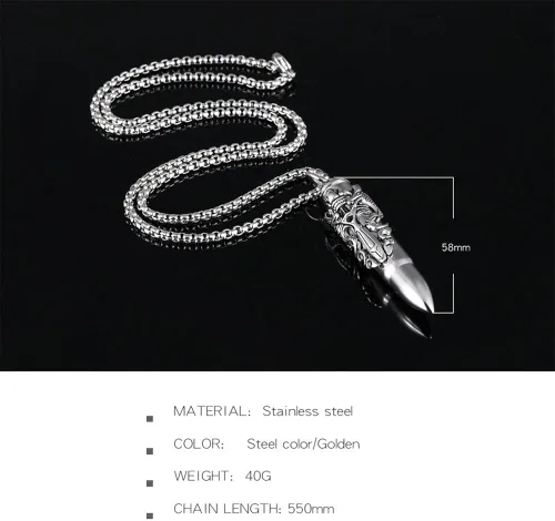 Vista 6 de PAURO Collar de cadena con colgante cilíndrico de acero inoxidable con espada, doble dragón abierto