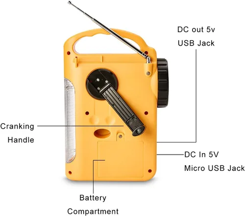 Vista 5 de HOSHINE Solar multifuncional 4-way Powered LED Camping linterna y linterna con radio AM/FM cargador de teléfono celular, color amarillo