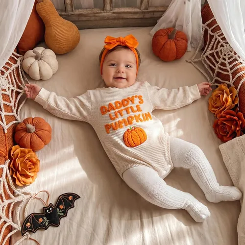 Vista 2 de Traje de Halloween para bebé niña con bordado de gofres de manga larga A-daddy's Little Pumpkin