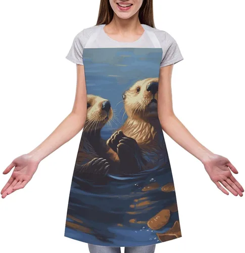 Vista 3 de MUSM Sea Otters Painting Apron，Classic Vintage Funny with Pockets Aprons,Adjustable Bib Waterdrop Resistant for Kitchen Cooking Restaurant BBQ