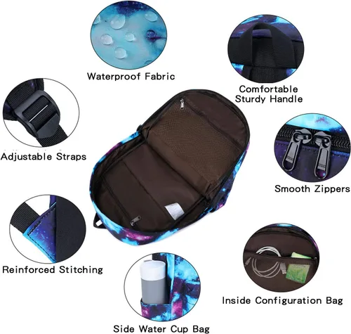 Vista 3 de Juego de mochila de lona impermeable Galaxy para laptop de 14 pulgadas, mochila escolar universitaria con lonchera y estuche para lápices