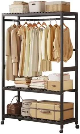 Vista 12 de Portable Bamboo Clothes Rack with Shelves - Free Standing Wooden Wardrobe, Rolling Garment Rack for Bedroom, Adjustable Multi-Storage Organizer with