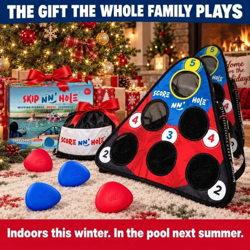 Vista 8 de SKIP NN' HOLE Original Fun Stonne Skipping Meets Pool Cornhole Game Floating for All Ages Fun Swimming Pool Game for Adults and Family Easy