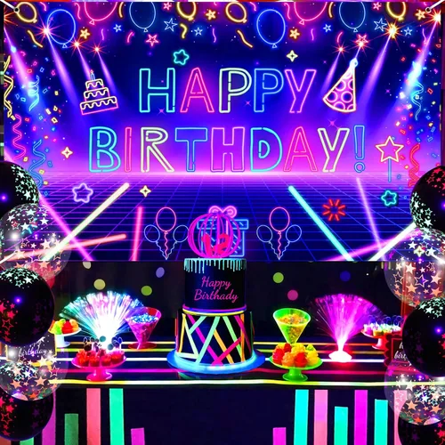 Vista 3 de Decoración de pancarta de fiesta de cumpleaños de neón brillante, telón de fondo de feliz cumpleaños con temática de fiesta