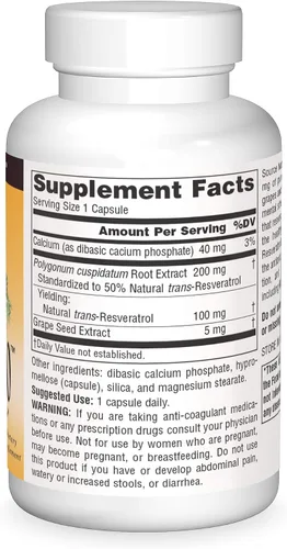 Vista 3 de Source Naturals, Resveratrol 100, 100mg - 120 Cápsulas Vegetarianas Para el corazón y el envejecimiento saludable