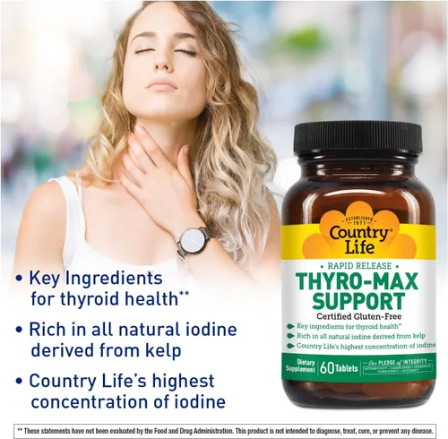 Vista 6 de Country Life Thyro-Max Support - Suplemento tiroideo de yodo derivado de algas y L-tirosina para hombres y mujeres, vitaminas B, sin gluten, vegano