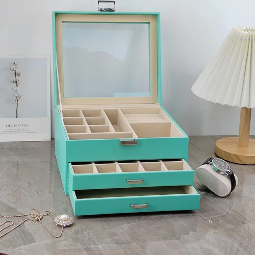 Vista 6 de BOOVO Clear Lid Jewelry Box For Girl,3 Layers Jewelry Organizer boxes For Women Turquoise Earring Jewelry Box For Girl Necklace Ring Bracelet