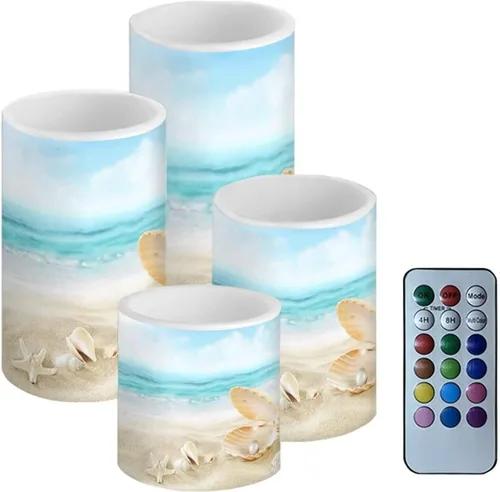 Vista 46 de Velas LED parpadeantes operadas por batería, juego de 4 con control remoto y temporizador, velas de llama danzante, velas de pilar para mesa, Playa