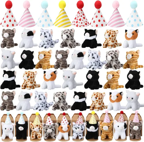 Vista 13 de Juego de 20 Mini Juguetes de Peluche Animales de Peluche Perros con Sombreros de Cumpleaños Cajas de Papel Kraft Cachorros de Peluche Pequeños