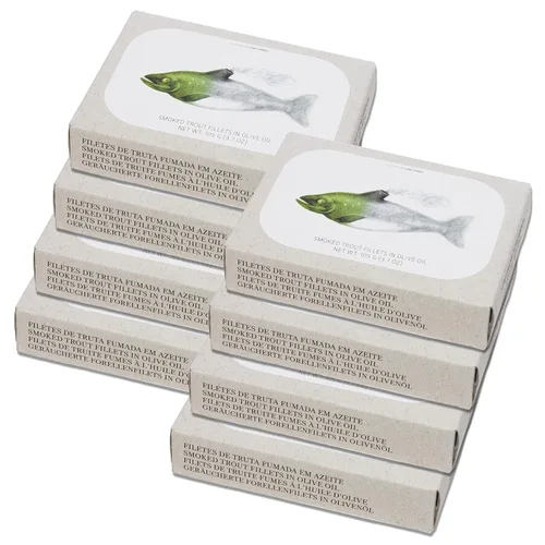 Vista 8 de Filetes de trucha ahumados enlatados en aceite de oliva virgen extra de Jose Gourmet, trucha portuguesa capturada en estado salvaje, pescado