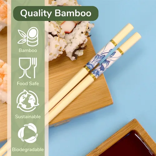 Vista 6 de BambooMN Palillos japoneses reutilizables de bambú premium, estampado floral, 9.5 pulgadas, color azul, 6 pares