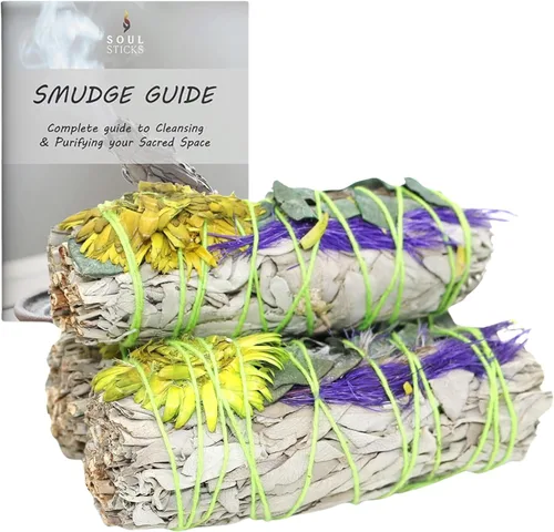 Vista 16 de SOUL STICKS Paquete de 3 barras de salvia blanca floral con flores para limpiar el hogar, meditación, yoga, curación y manchas, California de origen