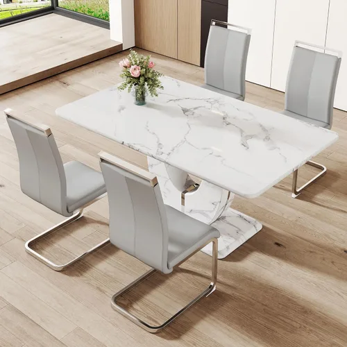 Vista 72 de JUFU Juego de mesa de comedor moderno para 4, juego de mesa de cocina rectangular de 63 pulgadas con mesa de mármol sintético y 4 sillas tapizadas