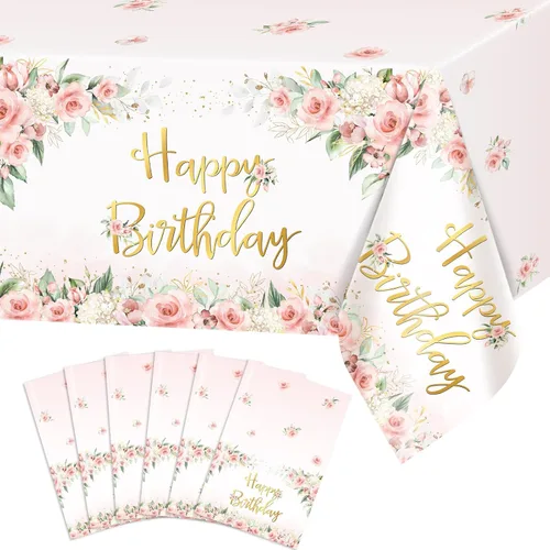 Vista 7 de Avezano 3 piezas de decoración de fiesta de oro rosa, manteles florales de feliz cumpleaños para niñas y mujeres, suministros de fiesta